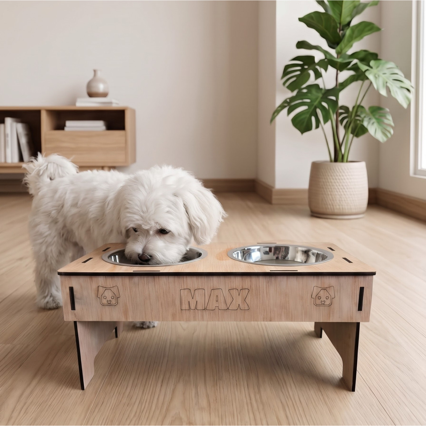 Comedero y Bebedero Elevado de Madera para Perros | Cuencos Acero