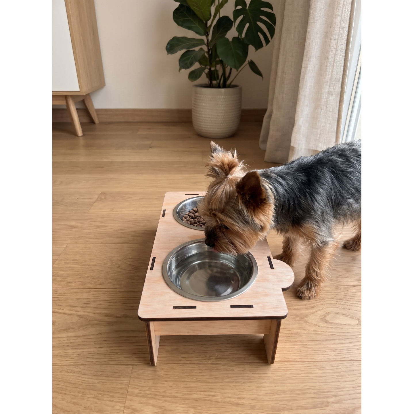 Comedero y Bebedero Elevado de Madera para Perros | Cuencos Acero
