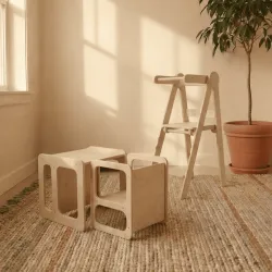 Conjunto mesa y silla montessori + torre aprendizaje 3 alturas