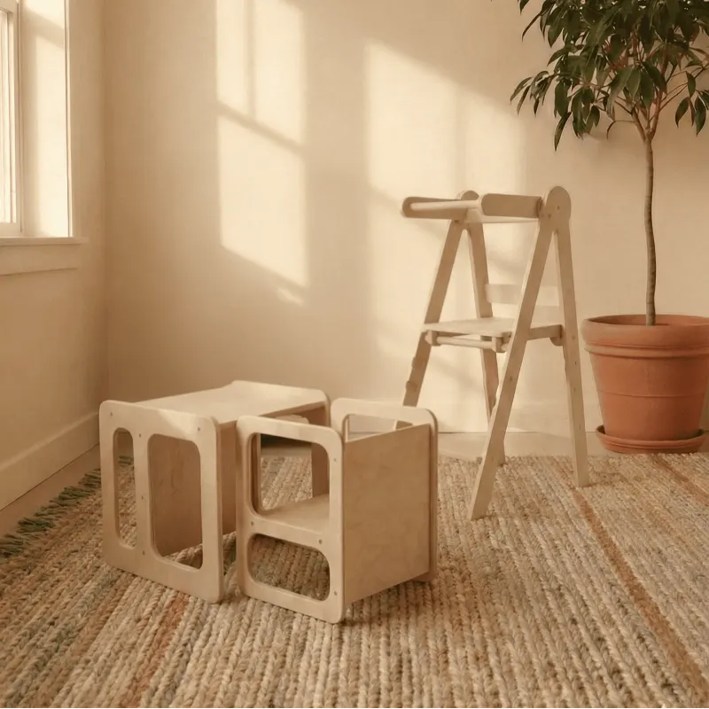 Conjunto mesa y silla montessori + torre aprendizaje 3 alturas