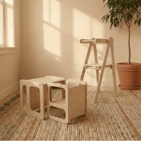 Conjunto mesa y silla montessori + torre aprendizaje 3 alturas