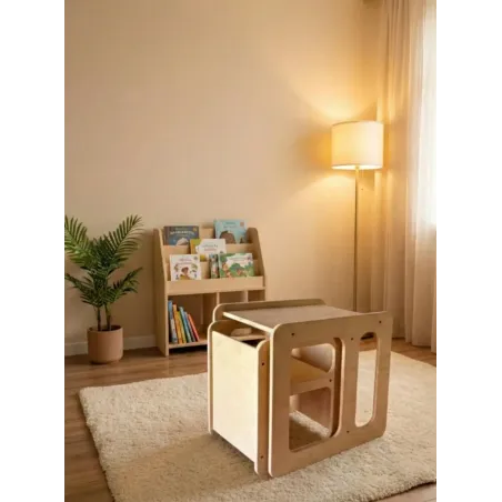 Conjunto mesa y silla montessori + torre aprendizaje 3 alturas