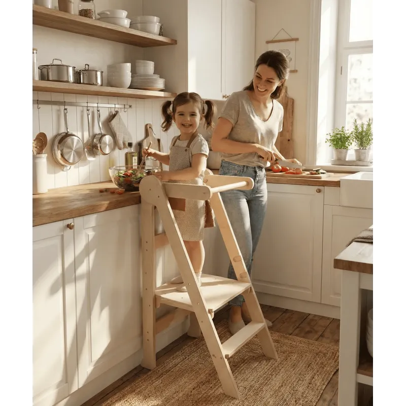 Conjunto mesa y silla montessori + torre aprendizaje 3 alturas