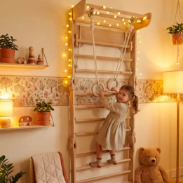Gimnasio de Pared de Madera: Espaldera con anillas y columpio
