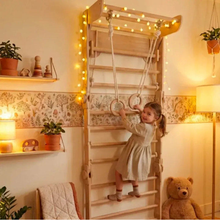 Gimnasio de Pared de Madera: Espaldera con anillas y columpio