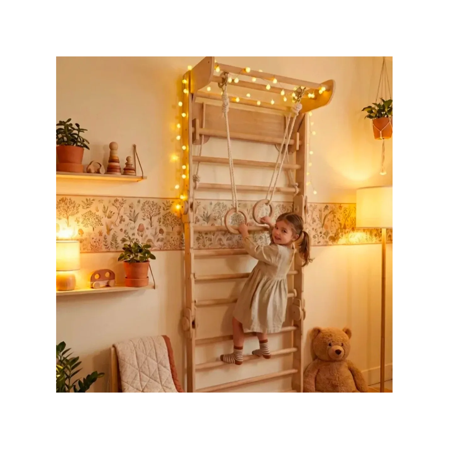 Gimnasio de Pared de Madera: Espaldera con anillas y columpio