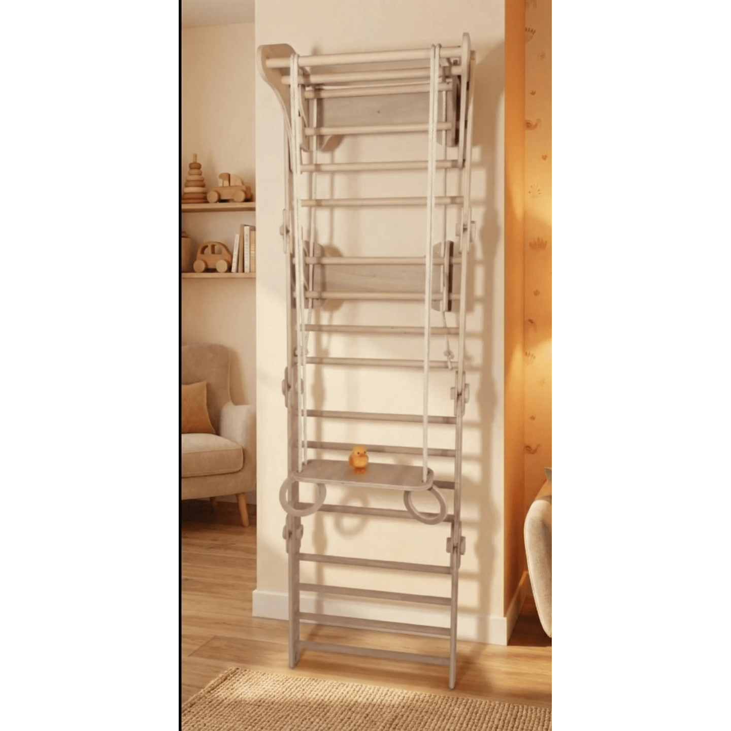 Gimnasio de Pared de Madera: Espaldera con anillas y columpio