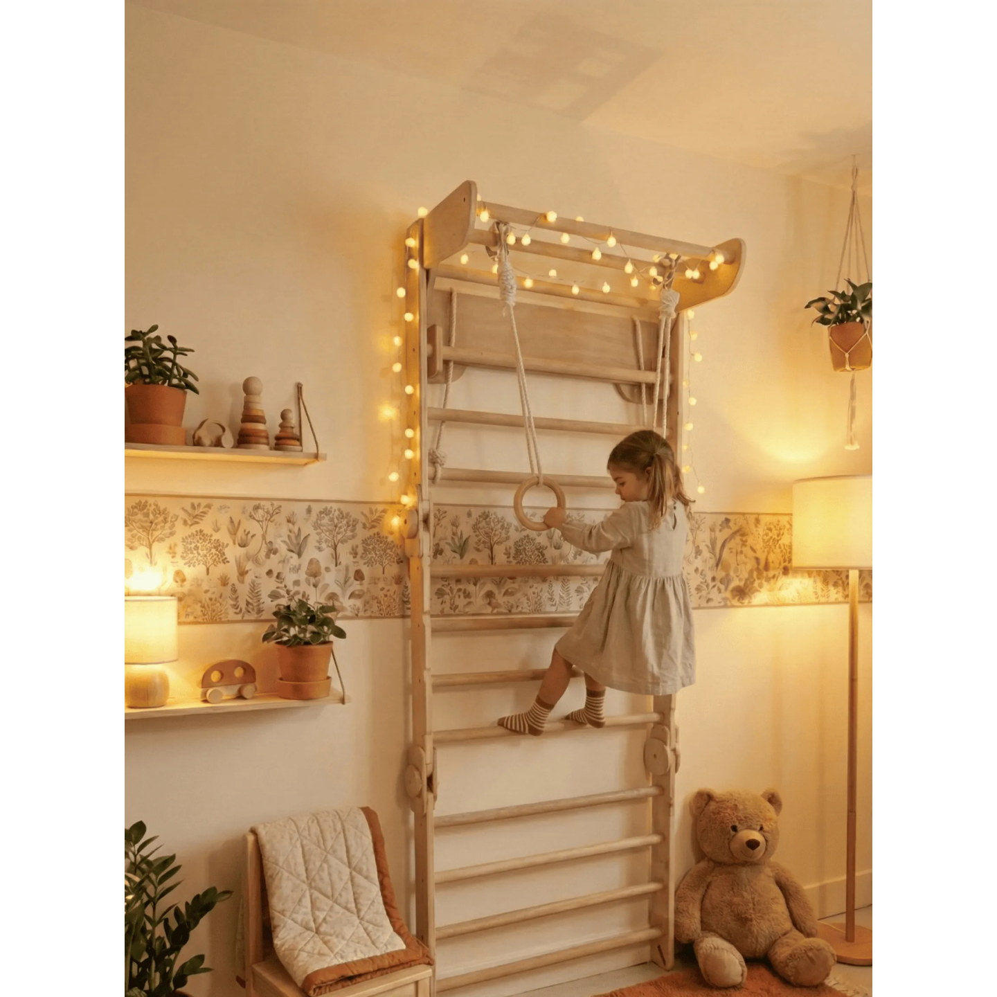 Gimnasio de Pared de Madera: Espaldera con anillas y columpio