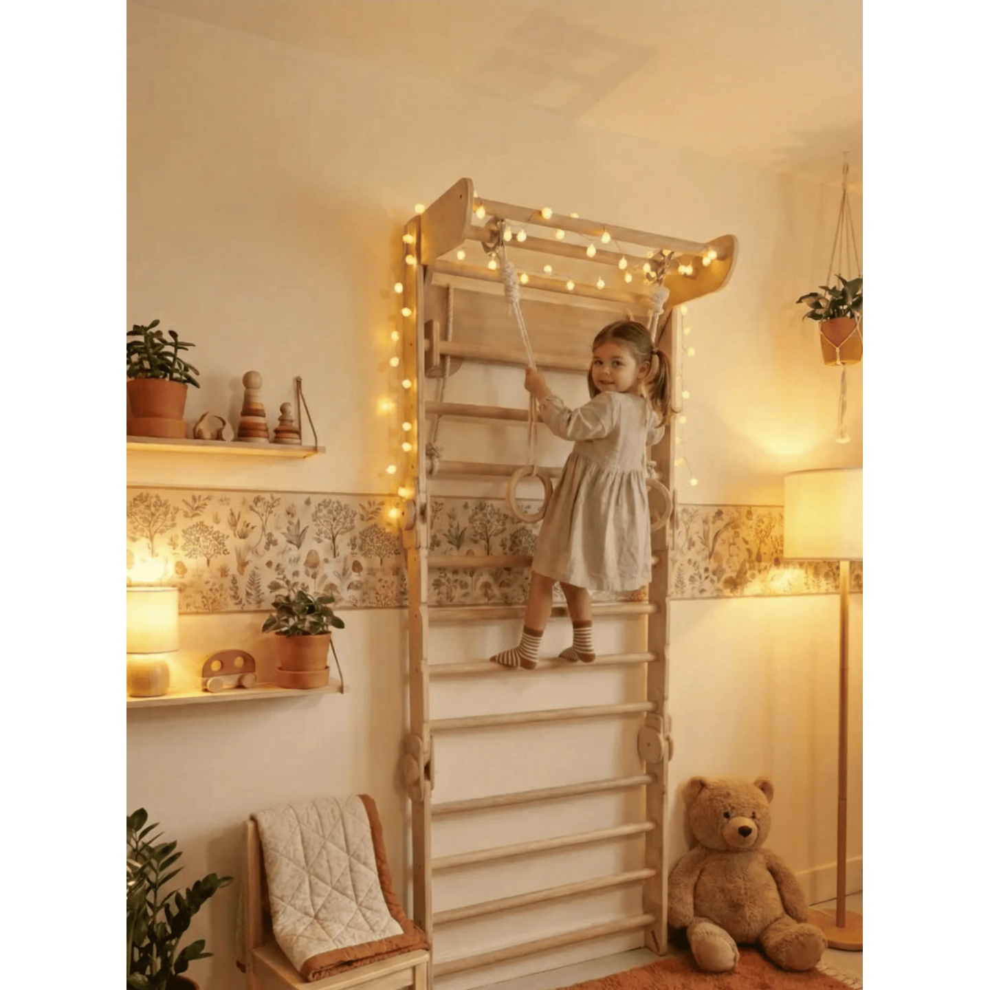 Gimnasio de Pared de Madera: Espaldera con anillas y columpio