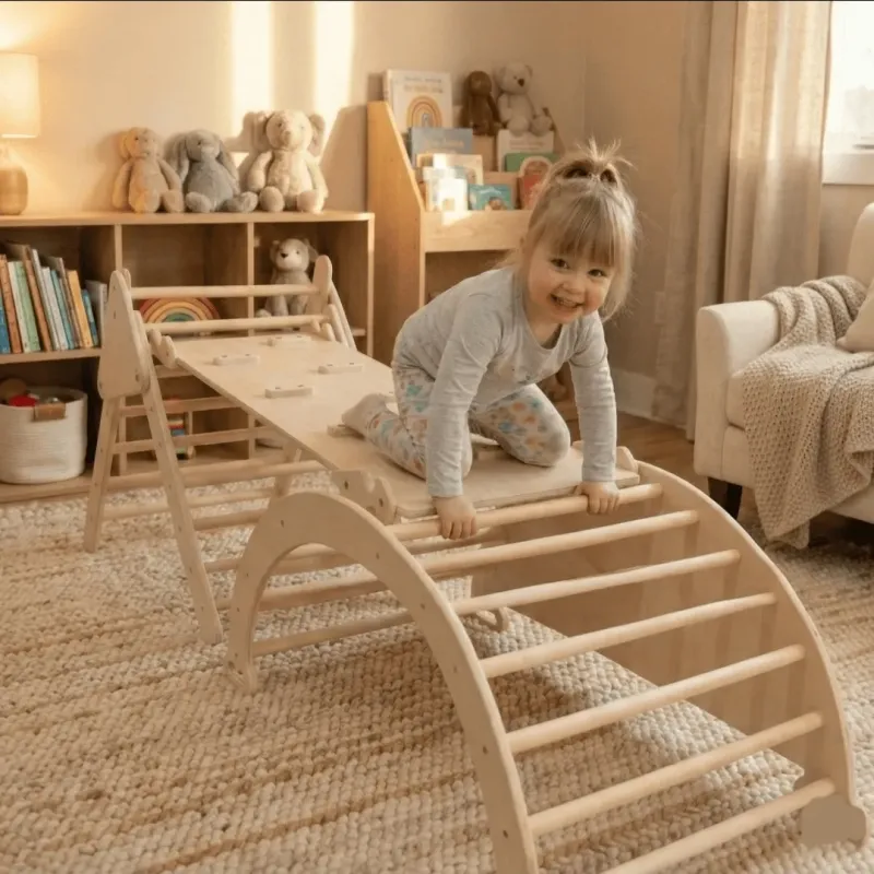 Kit Pikler 3 en 1 de Madera: Triángulo, Balancin y Rampa de Escalada