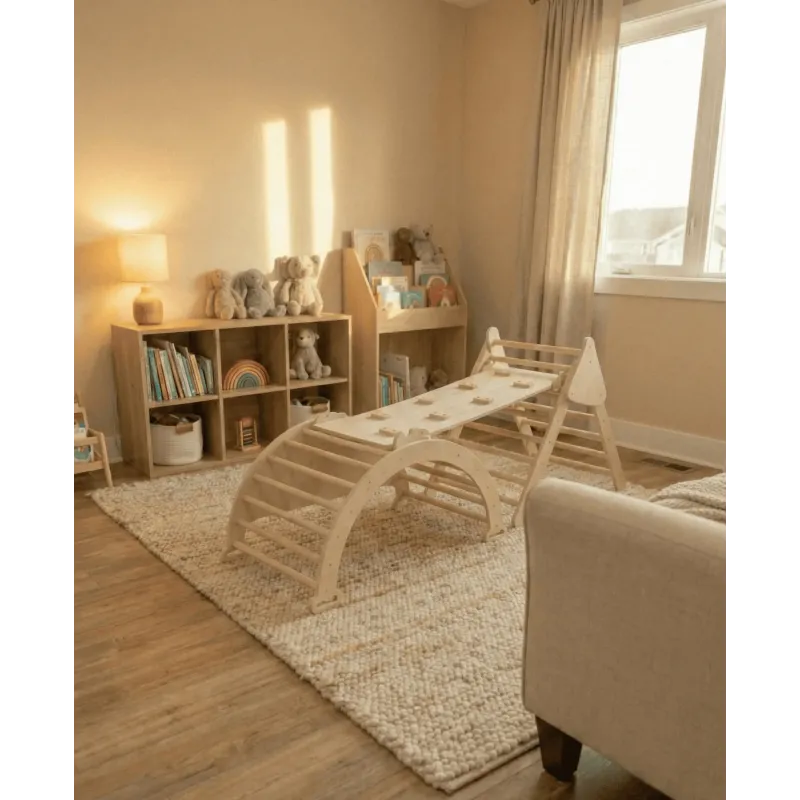 Kit Pikler 3 en 1 de Madera: Triángulo, Balancin y Rampa de Escalada