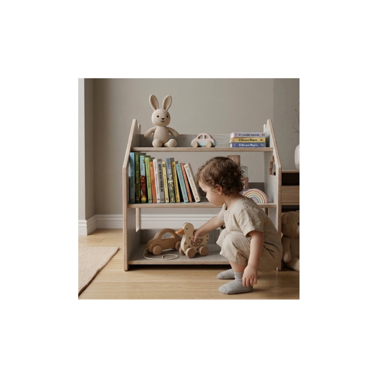 Estantería montessori  baja de madera para juguetes y cuentos