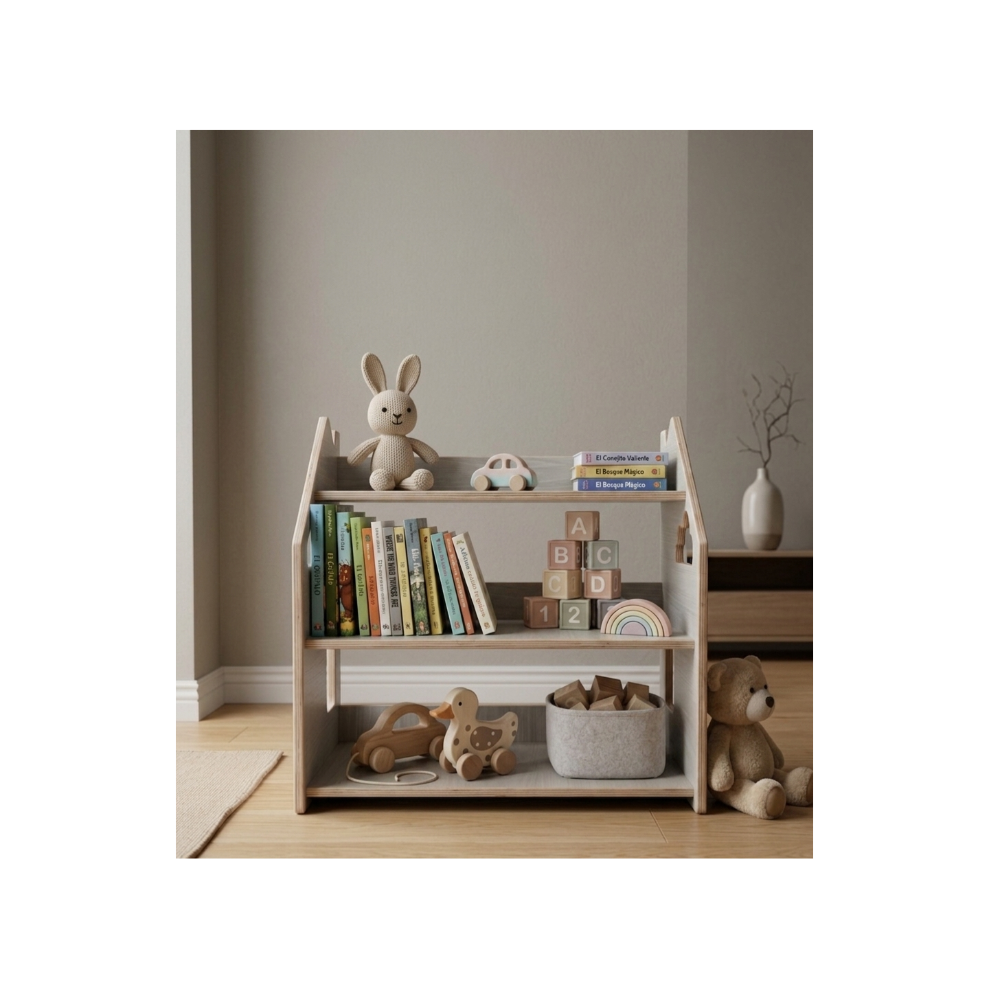 Estantería montessori  baja de madera para juguetes y cuentos