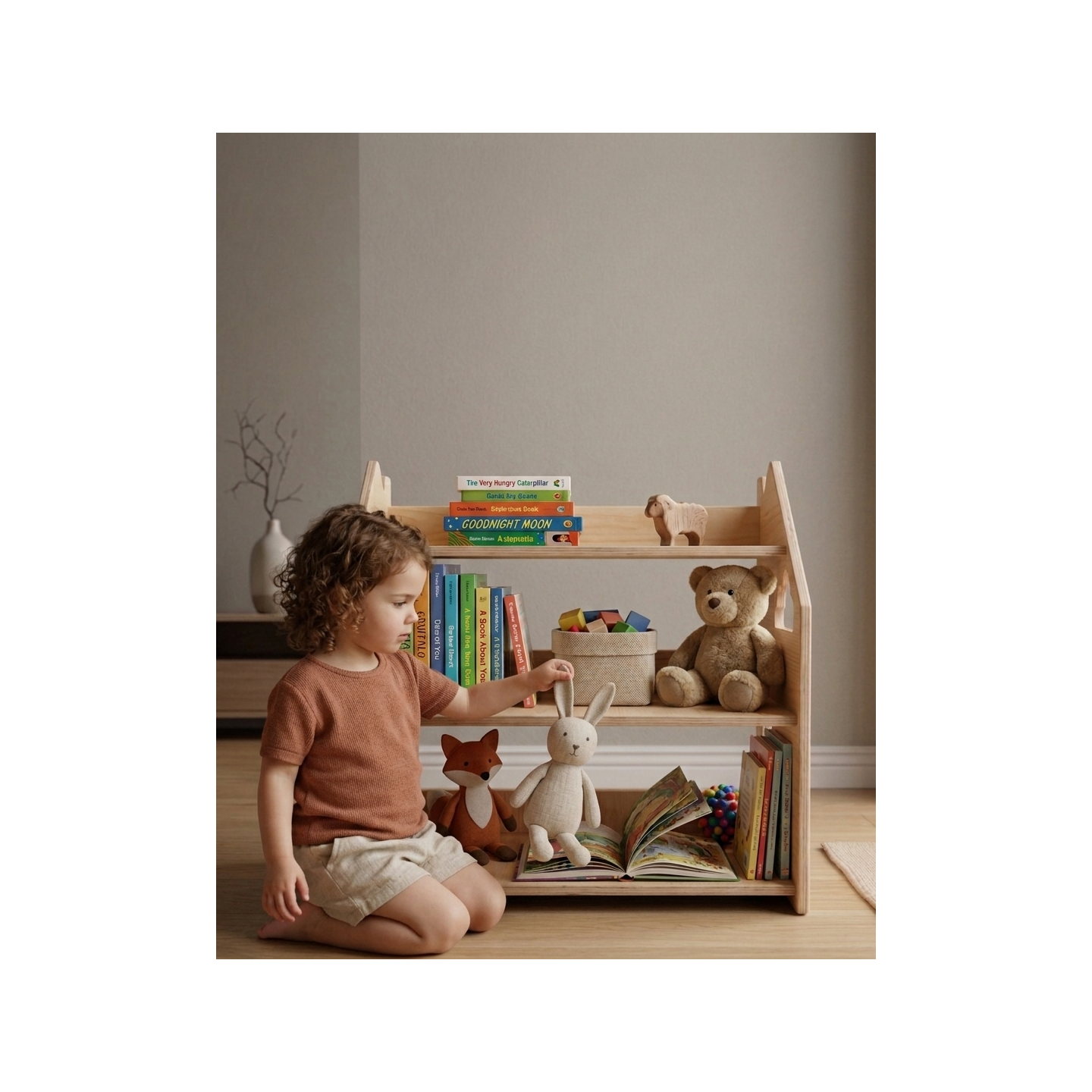 Estantería montessori  baja de madera para juguetes y cuentos